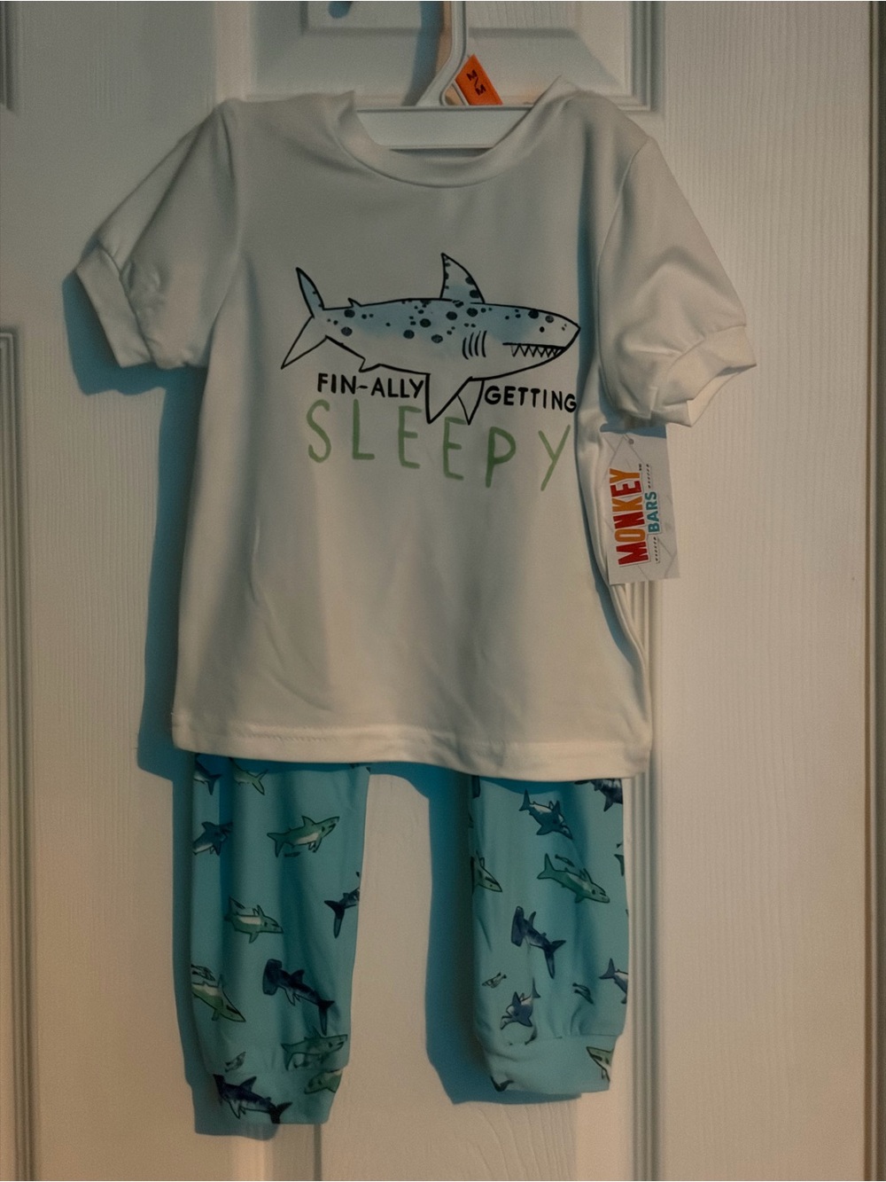 Kids 'Fin-Ally Getting Sleepy' Shark Pajama Set - White & Light Blue